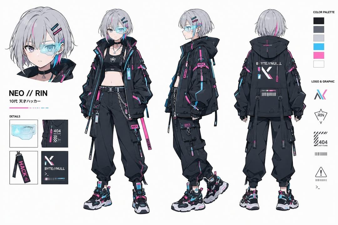 AI image generated from the “Ultra-detailed cyberpunk anime character design sheet of a” prompt