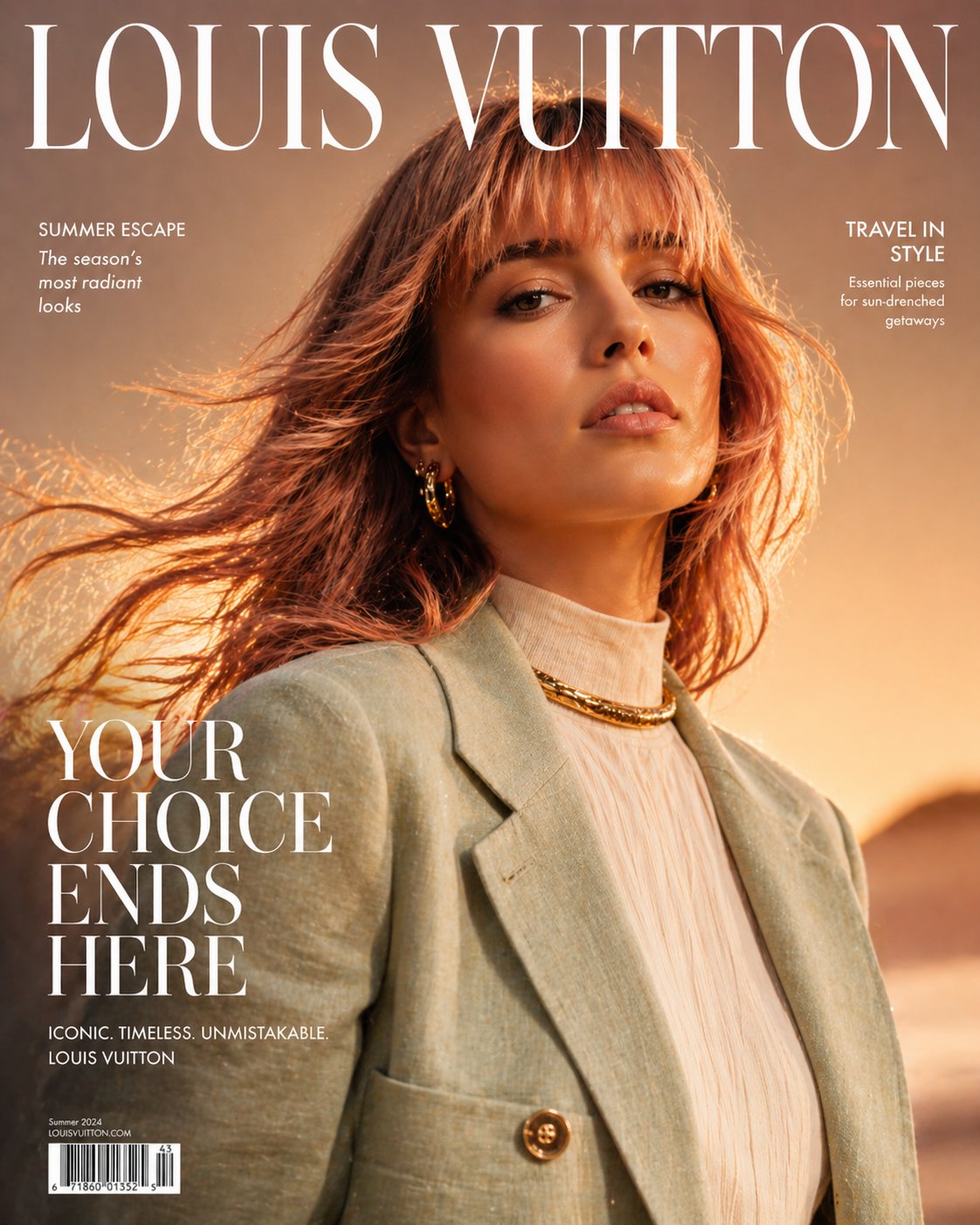 AI image generated from the “Ultra high-fashion magazine cover, Louis Vuitton-style” prompt