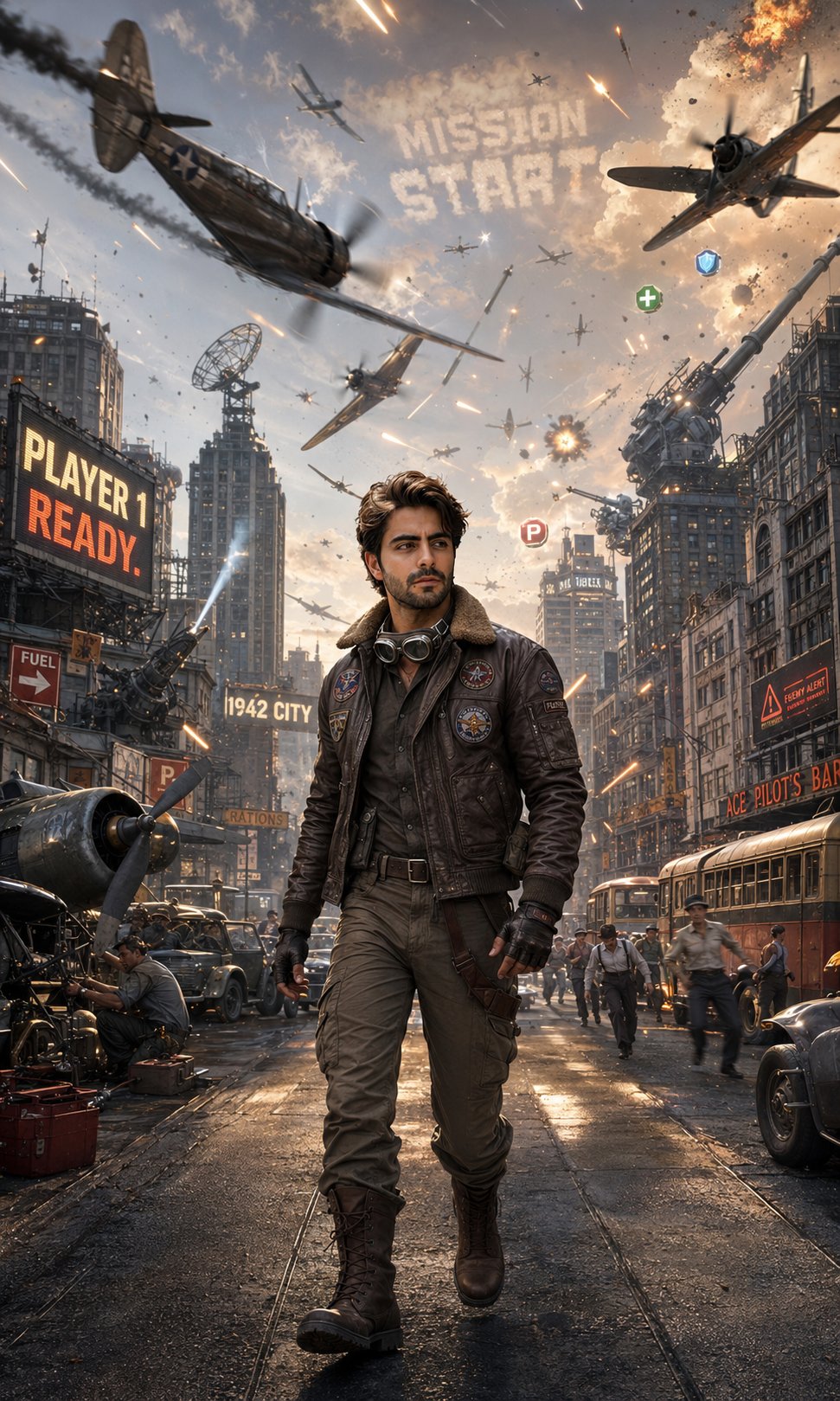 AI image generated from the “Ultra-realistic cinematic “1942 City” scene, retro WWII” prompt