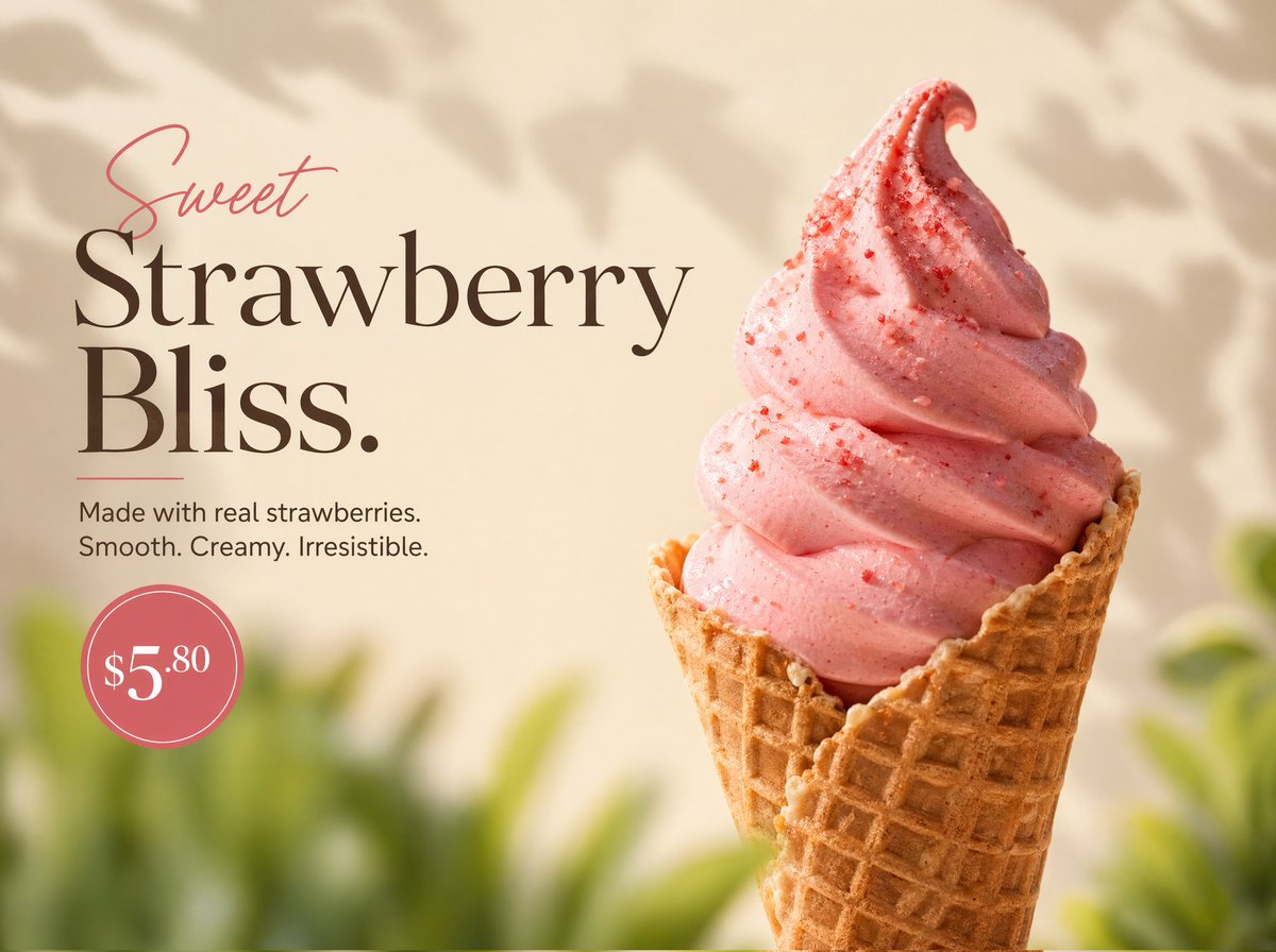 AI image generated from the “Ultra-realistic product photography of a rich strawberry soft-serve…” prompt