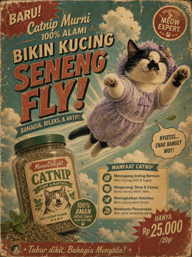 AI image generated from the “Ultra realistic vintage Indonesian catnip advertisement” prompt