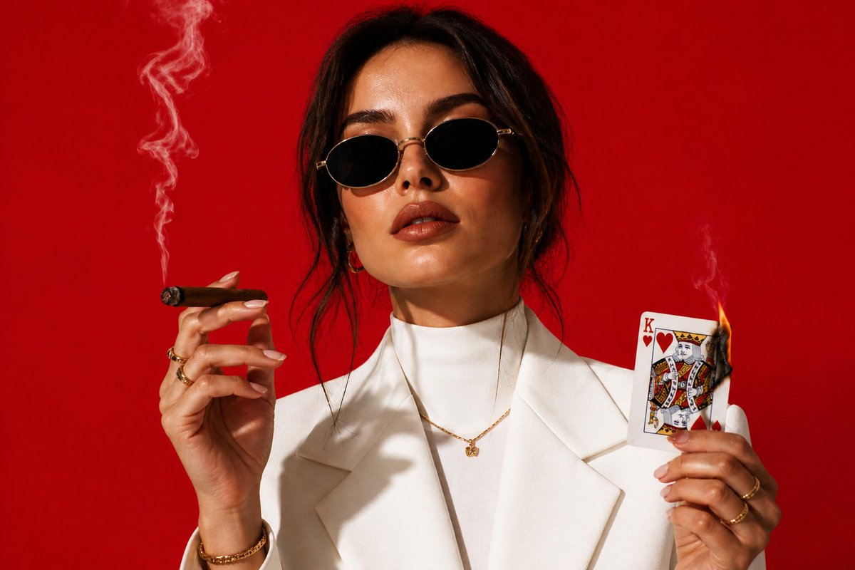 AI image generated from the “White Suit Red Backdrop Portrait” prompt
